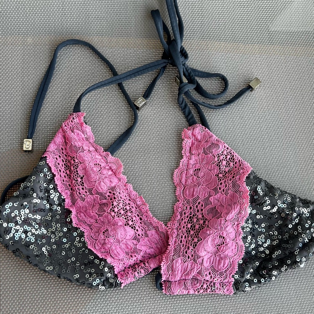 Pink and grey Lace Sequin Beach Bunny Top